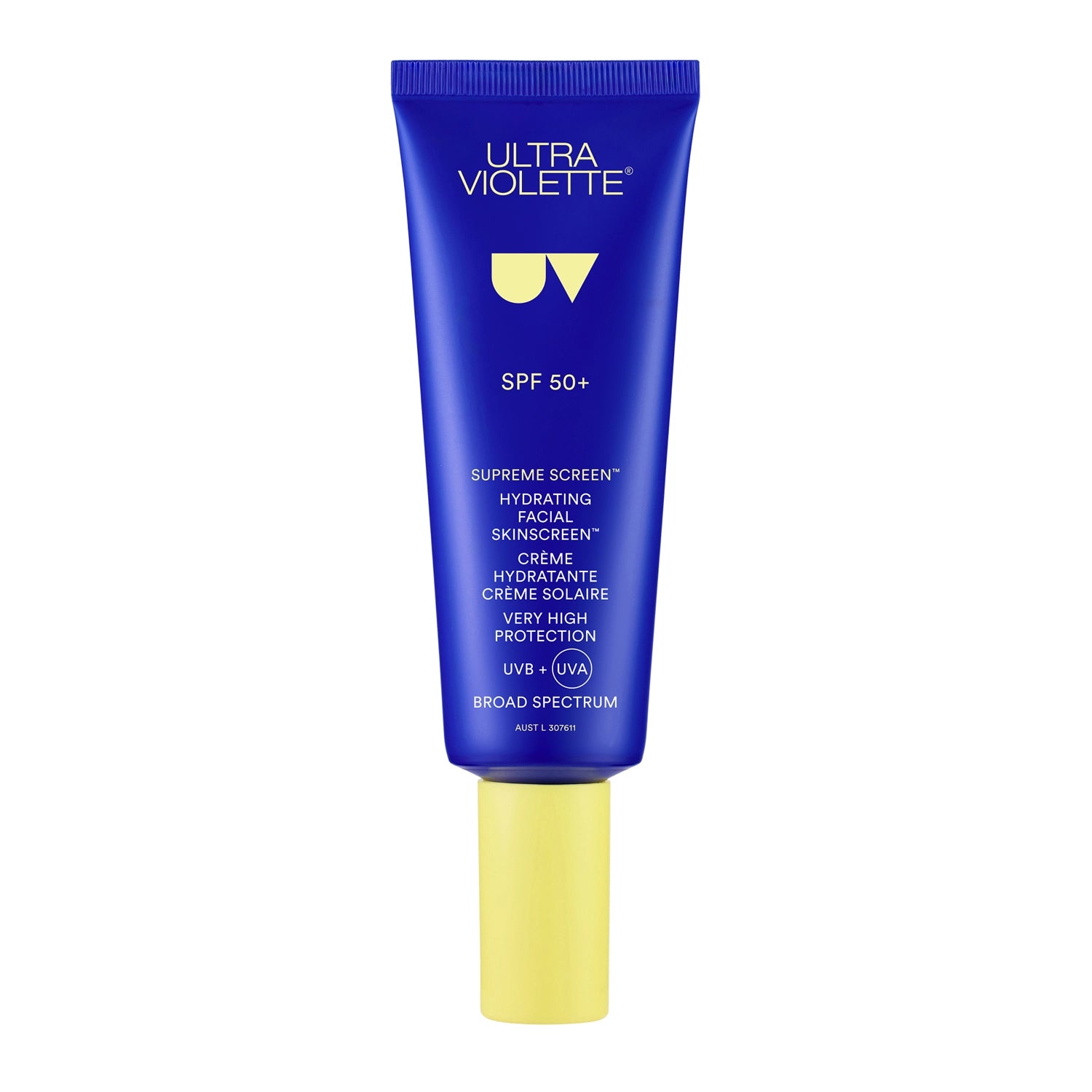 Blue sunscreen tube with yellow base on a white background