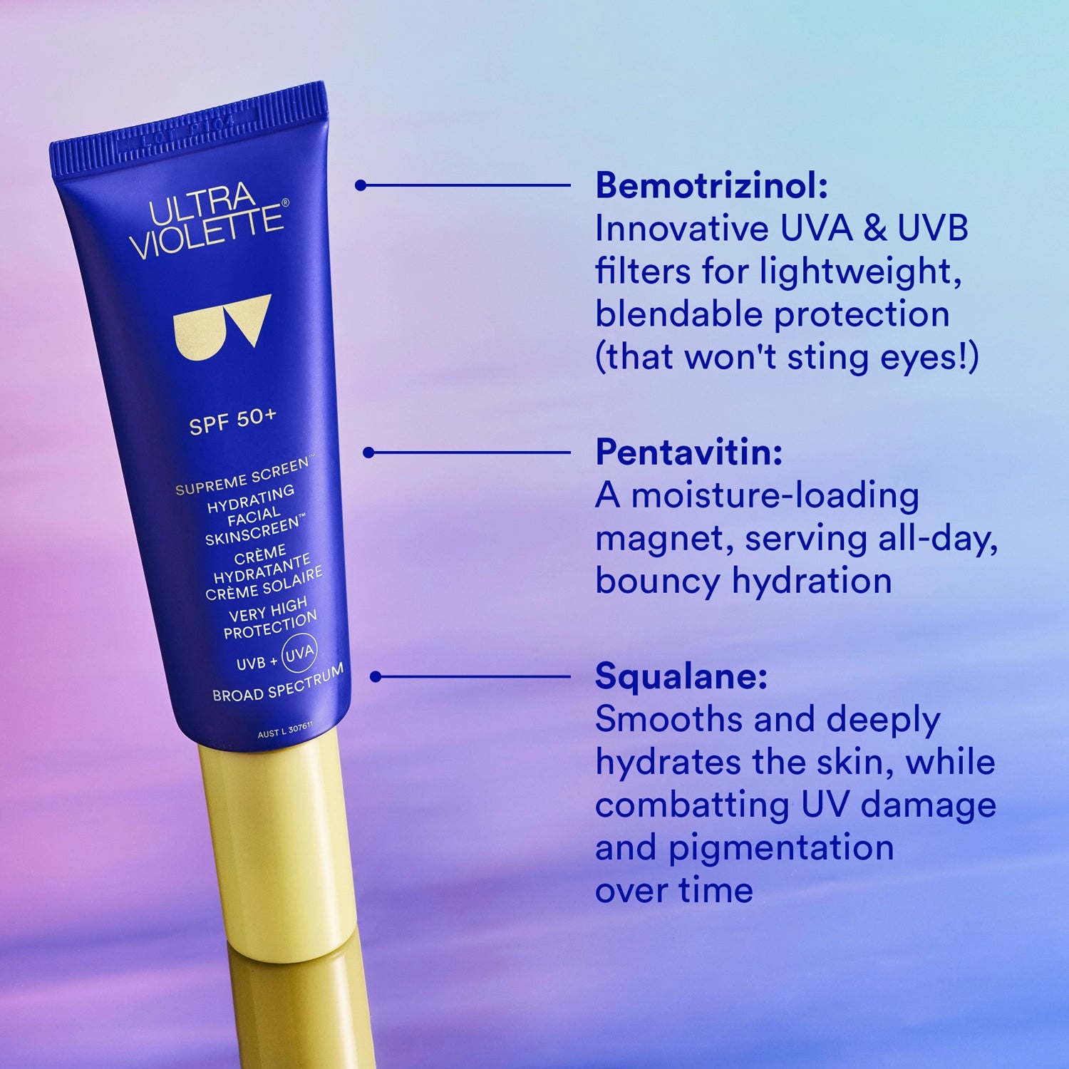 Ultra Violette sunscreen tube with product features on a gradient background