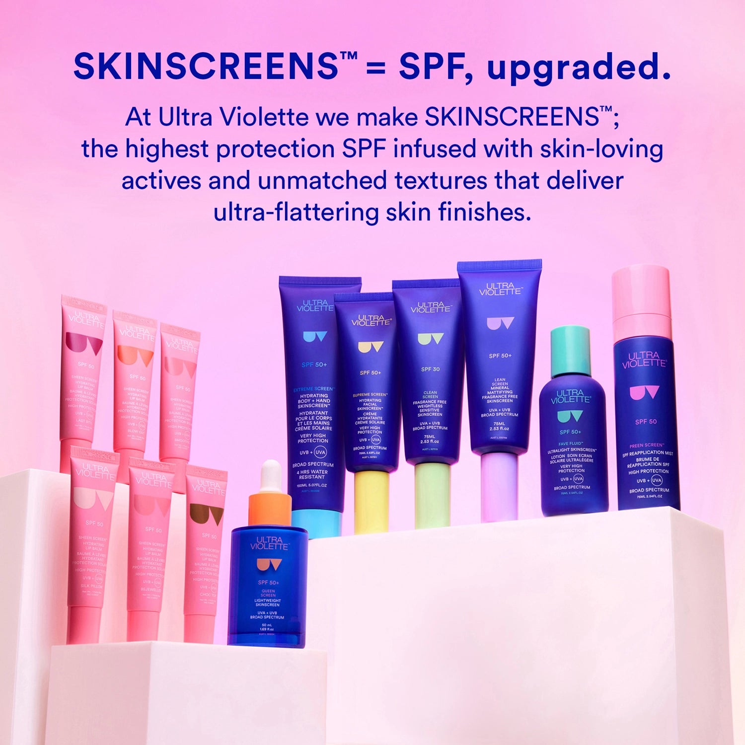 Ultra Violette skincare products with text about SKINSCREENS SPF on a pink background