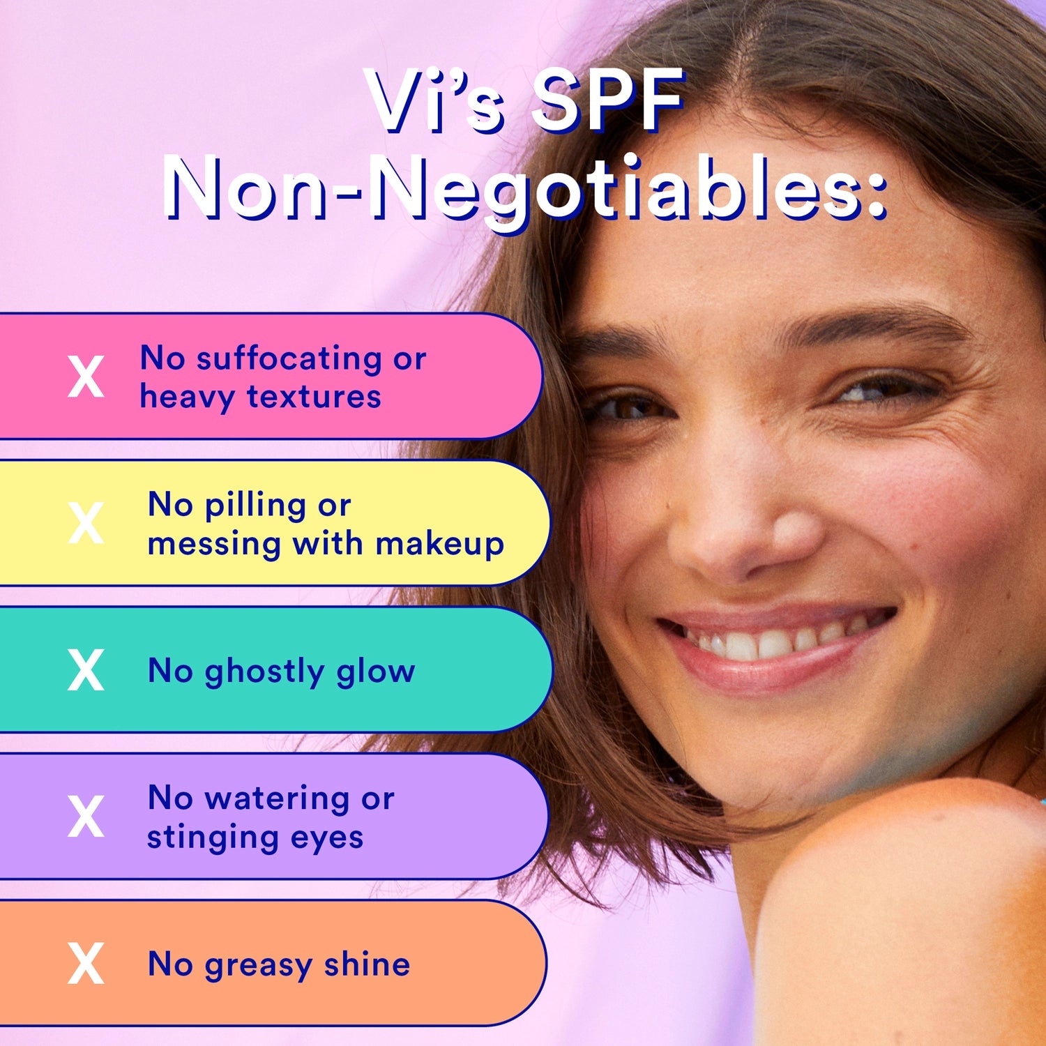 Woman with a close-up of her face and text about SPF non-negotiables on a purple background