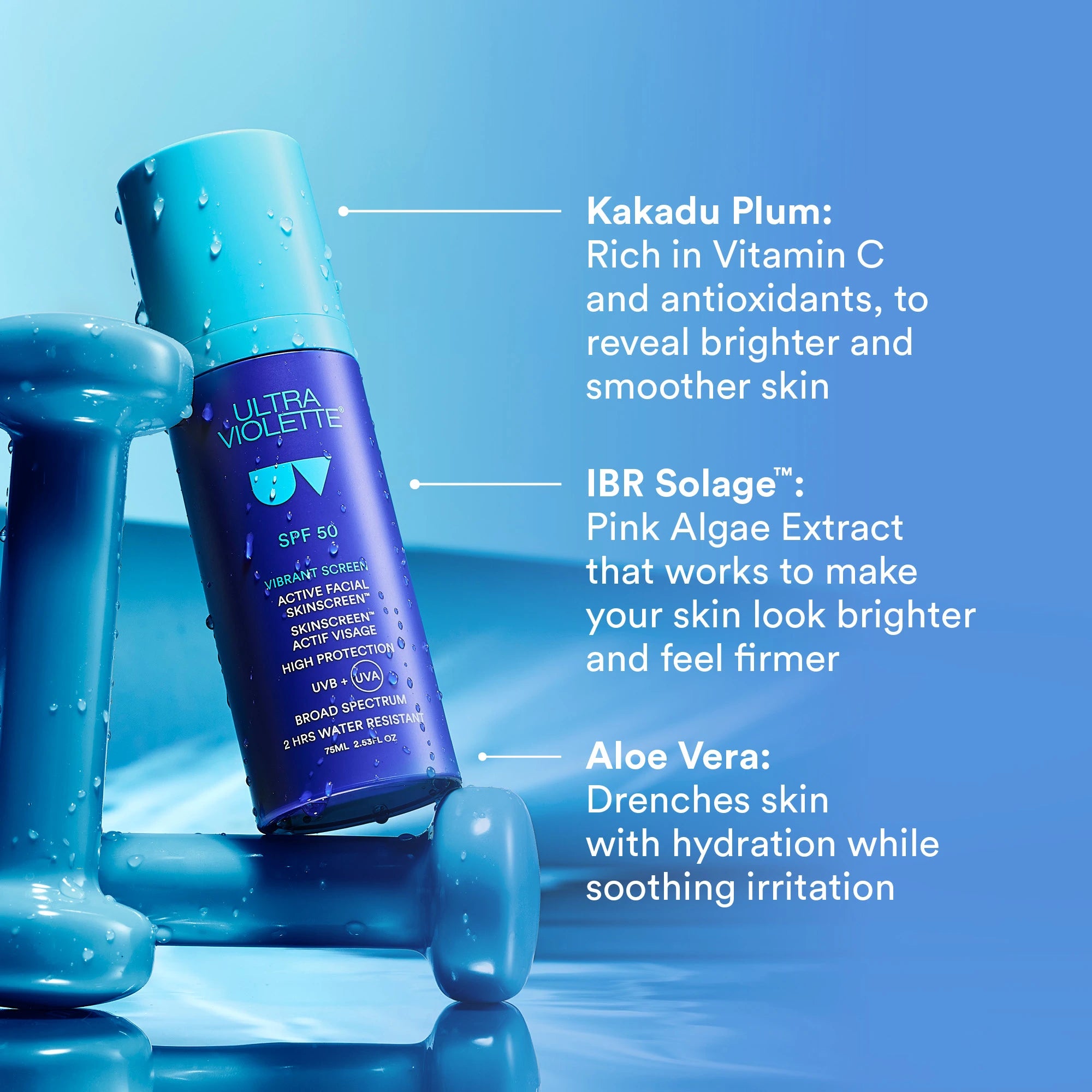 Ultra Violette Vibrant Screen SPF50 bottle highlighting key features