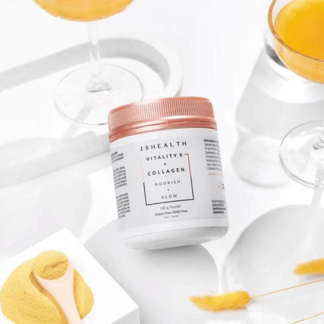 JSHealth Vitality X + Marine Collagen Powder 180g – lifestyle shot of collagen powder drink prepared in glass with fruit garnish