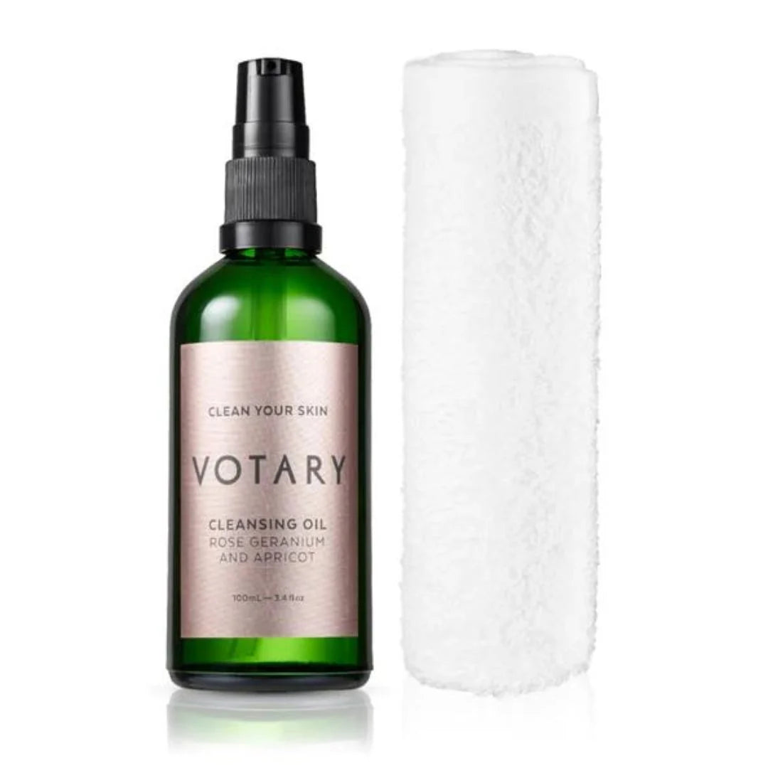 Votary Cleansing Oil Rose Geranium & Apricot 100ml – verified customer reviews panel on light background
