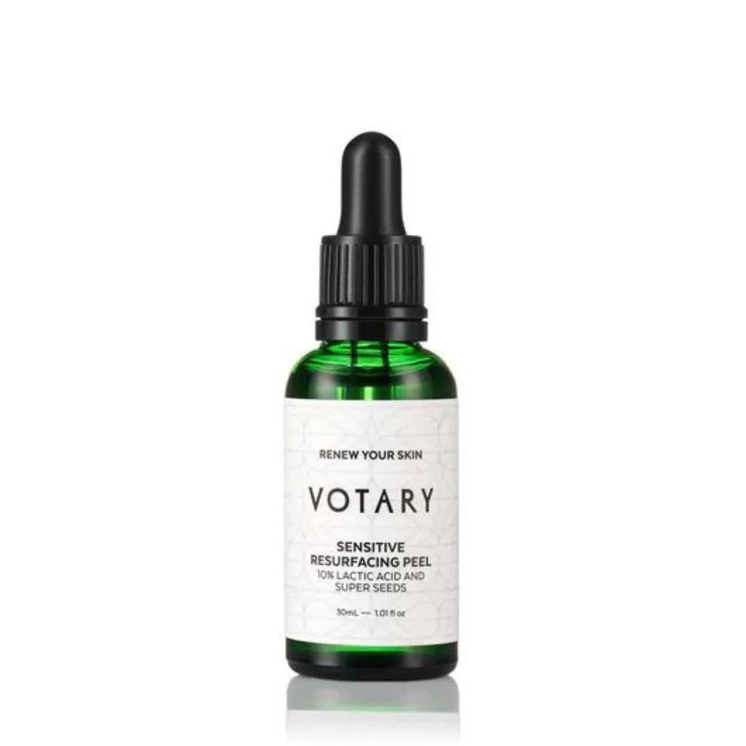 Votary Sensitive Resurfacing Peel in a 30ml green glass dropper bottle with a black cap and white label, centered on a white background.