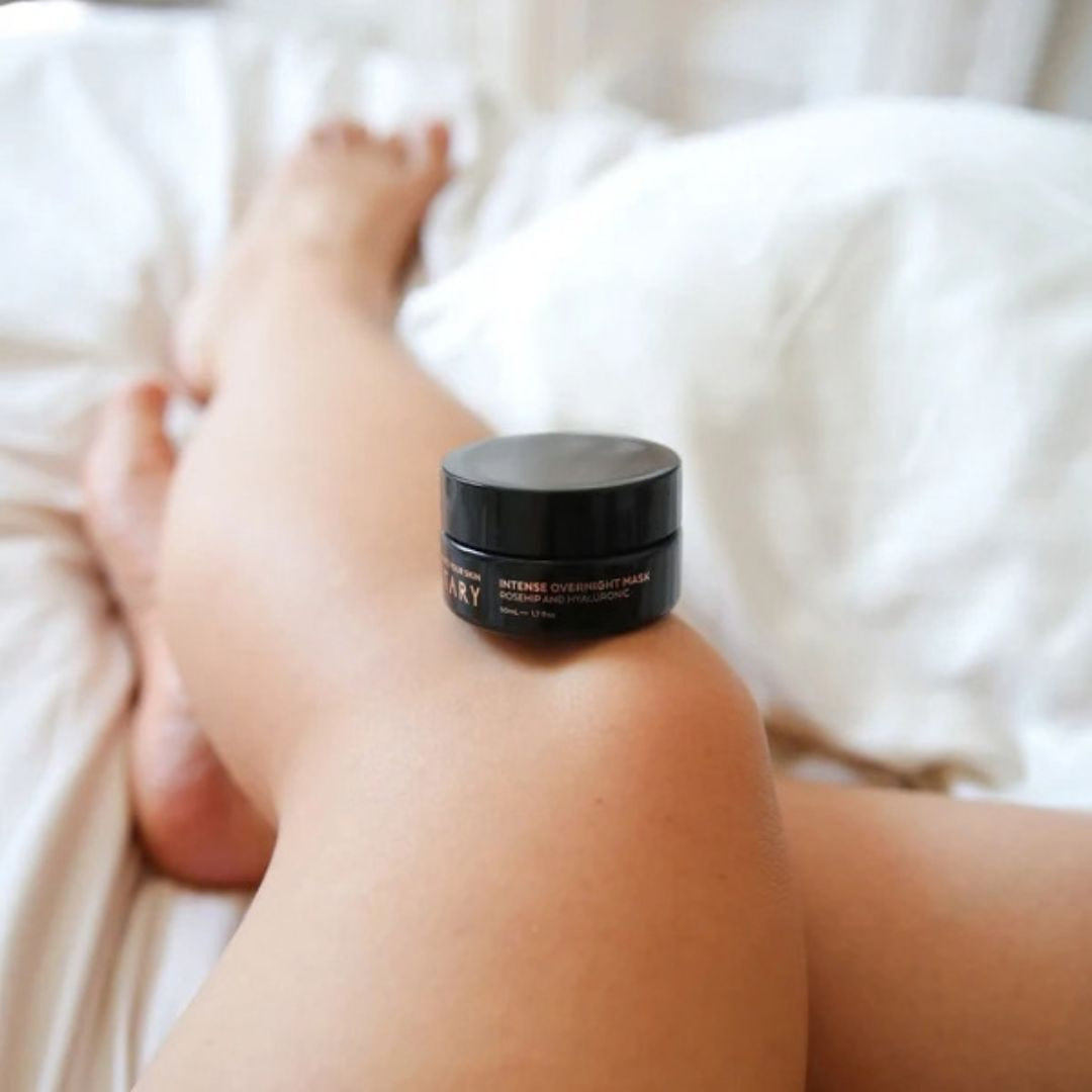 Votary Intense Overnight Mask with rosehip and hyaluronic acid displayed during a relaxing bedtime skincare routine