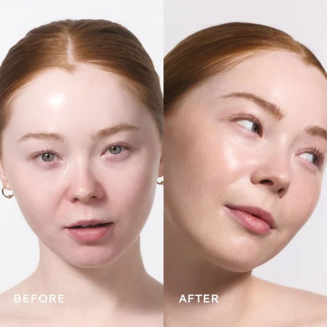 Before and after beauty comparison of a woman with red hair, showing a skincare or makeup result on a clean light gray background.