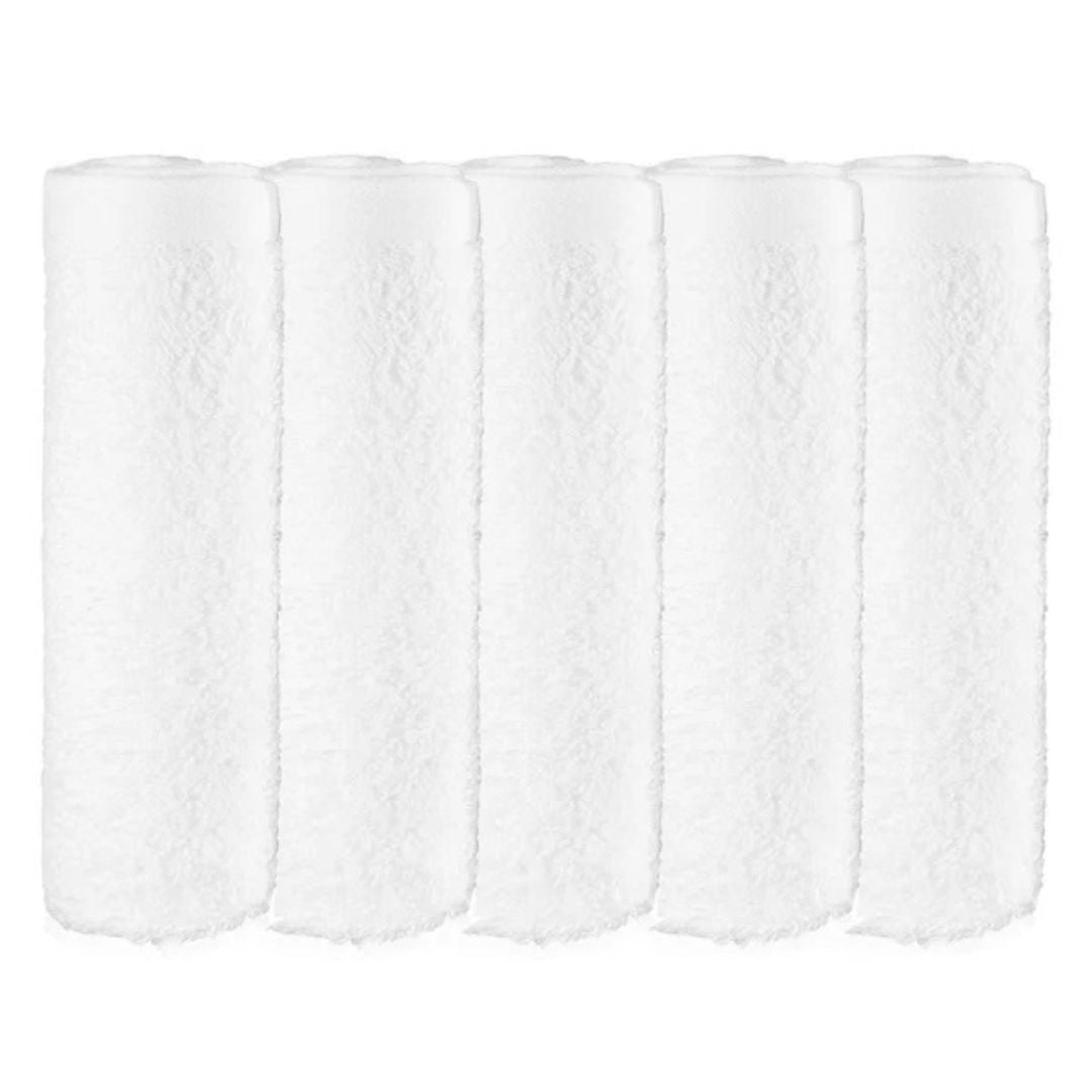 Five soft white Votary Face Cloths displayed together on a white background