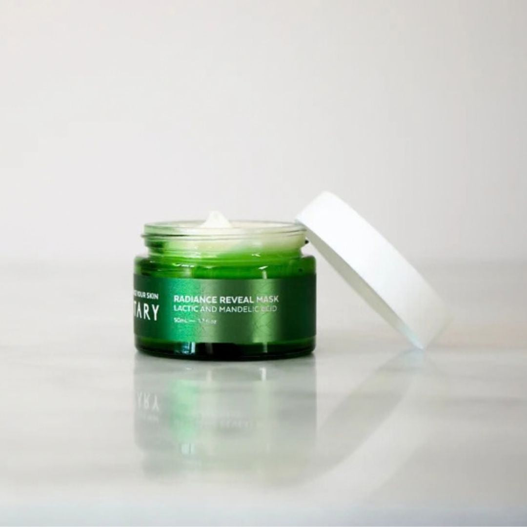 Votary Radiance Reveal Mask with lactic acid and mandelic acid, open jar showing creamy mask texture