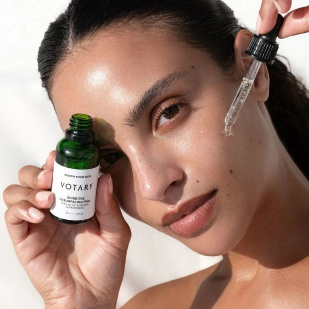 Votary Sensitive Resurfacing Peel with 10% lactic acid and Super Seeds facial exfoliating treatment with dropper