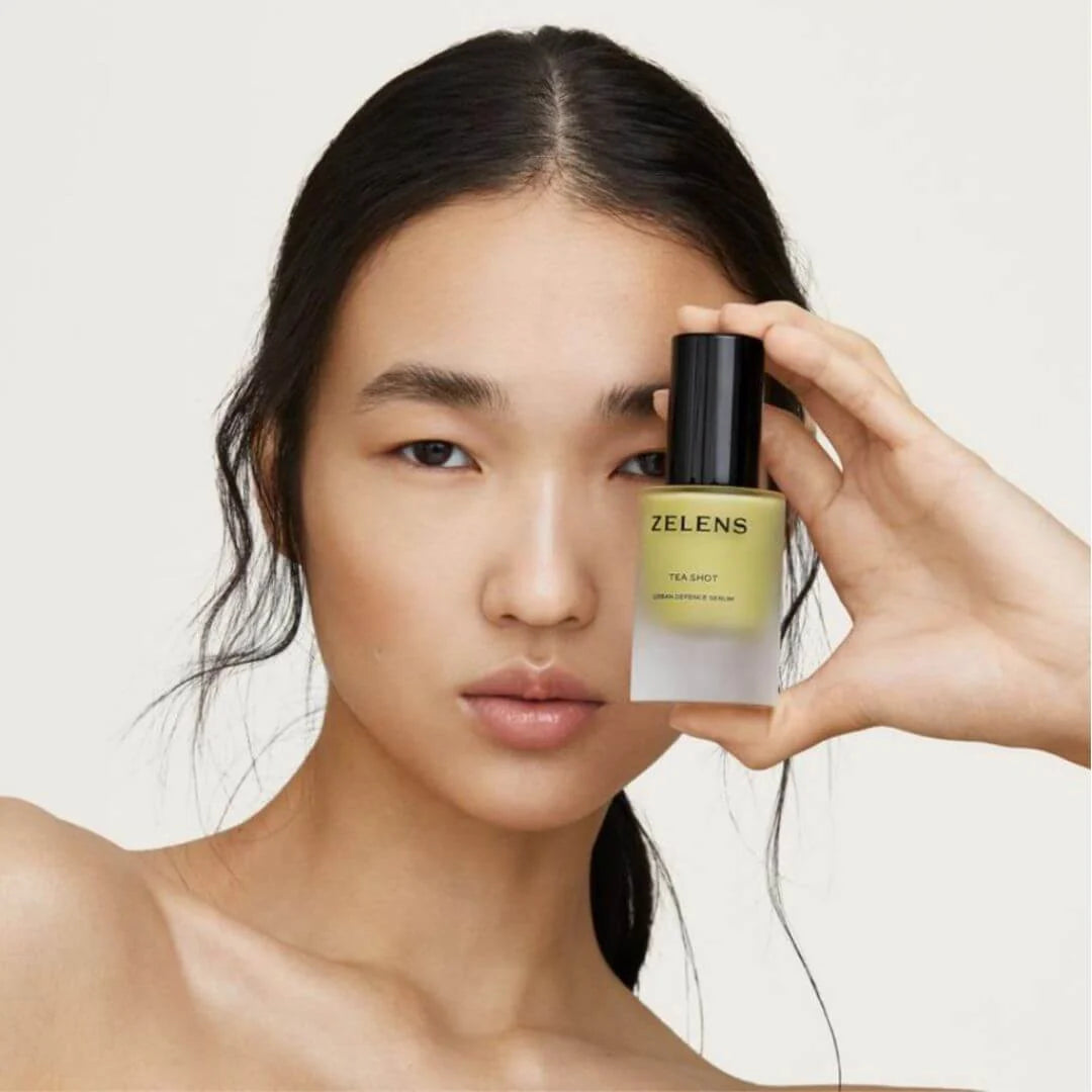Zelens Tea Shot Urban Defence Serum 10ml – key ingredients overview infographic: five-tea antioxidant complex including fermented black tea kombucha for unparalleled protection