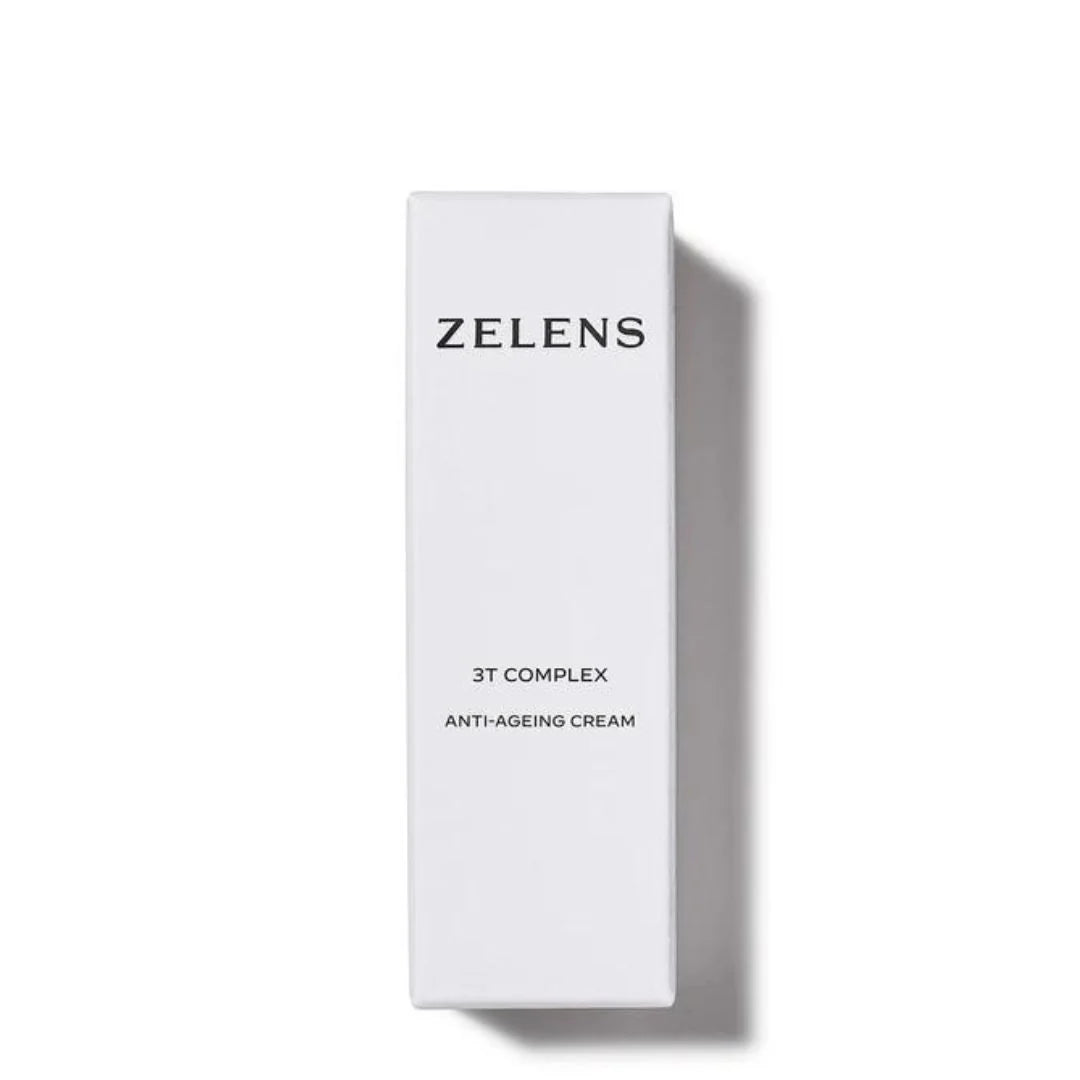 A tall, minimalist white rectangular box for Zelens 3T Complex Anti-Ageing Cream, featuring black text and a soft shadow on a clean white background.
