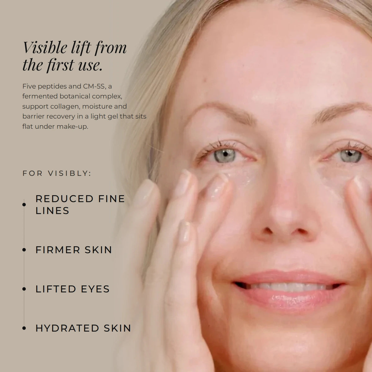 Zelens Collagen Solution Active Firm Eye Gel: visible lift from the first use with five peptides and CM-5S, for visibly reduced fine lines, firmer skin, lifted and hydrated eyes