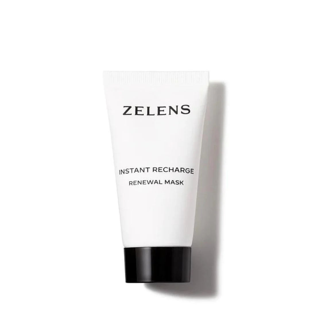 Zelens Instant Recharge Renewal Mask in a white squeeze tube with a black cap, shown on a clean white background with a soft shadow.