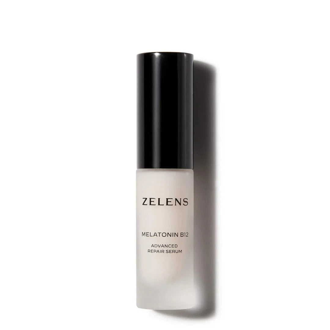 ZELENS Melatonin B12 Advanced Repair Serum in a frosted glass bottle with a black cap, shown on a white background with a soft shadow.
