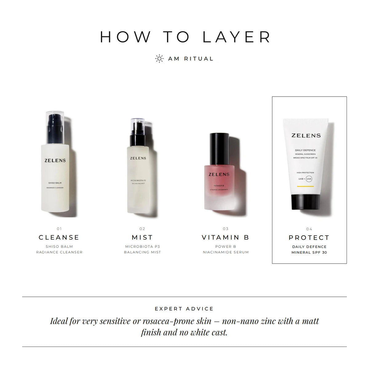 Zelens Daily Defence Mineral SPF 30 how to layer AM ritual: cleanse with Shiso Balm, mist with Microbiota P3, Power B vitamin B, protect with Daily Defence Mineral SPF 30