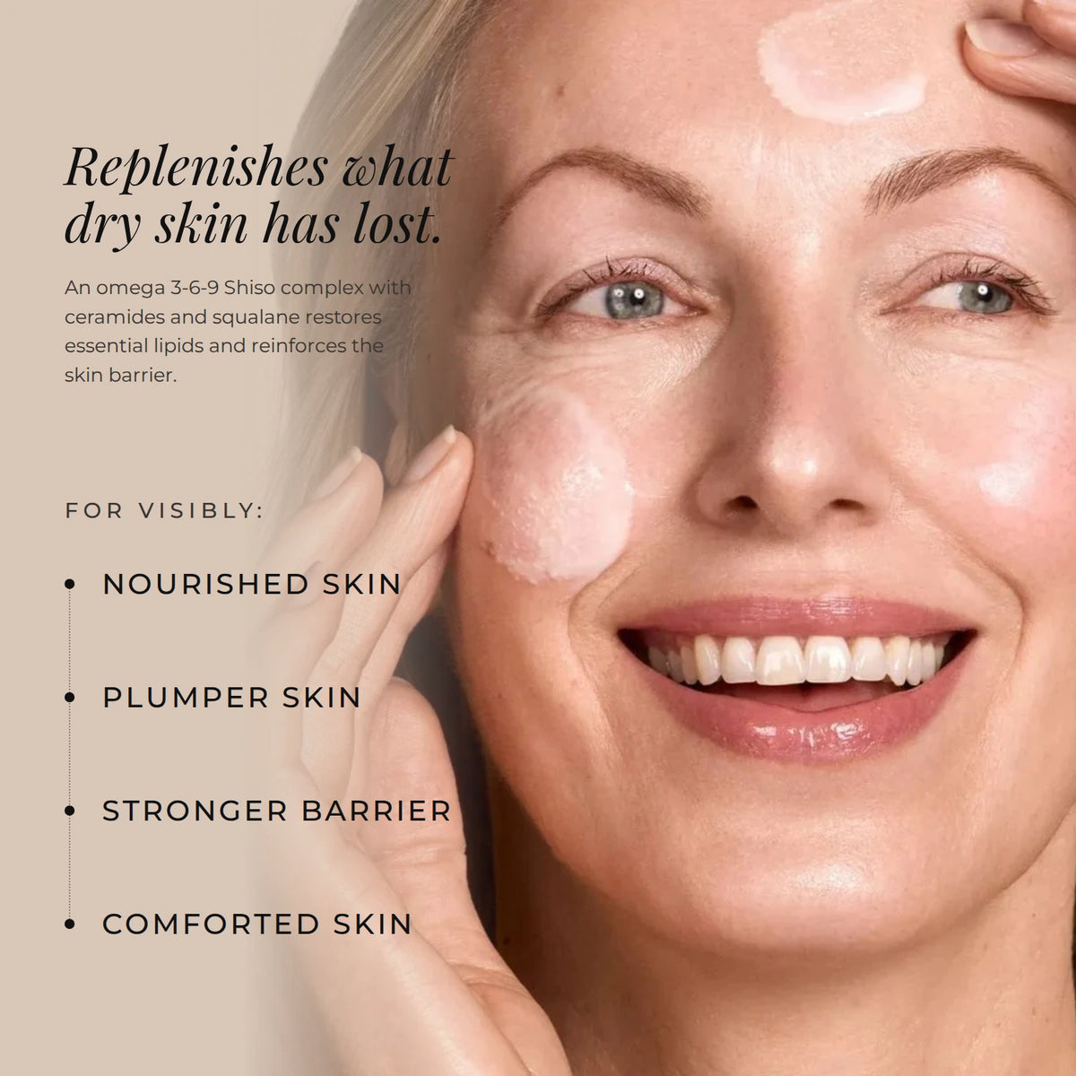 Zelens Omega Shiso Replenishing Serum: replenishes what dry skin has lost with an omega 3-6-9 Shiso complex, for visibly nourished, plumper skin, a stronger barrier and comforted skin