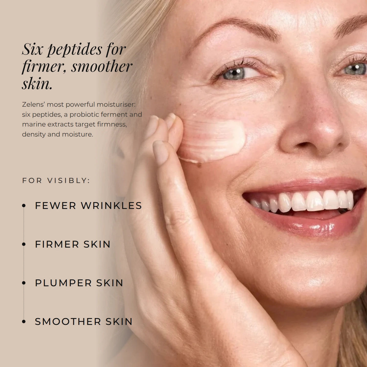 Zelens Peptide Complex Restructuring Cream: six peptides for firmer, smoother skin, with visibly fewer wrinkles, firmer, plumper and smoother skin