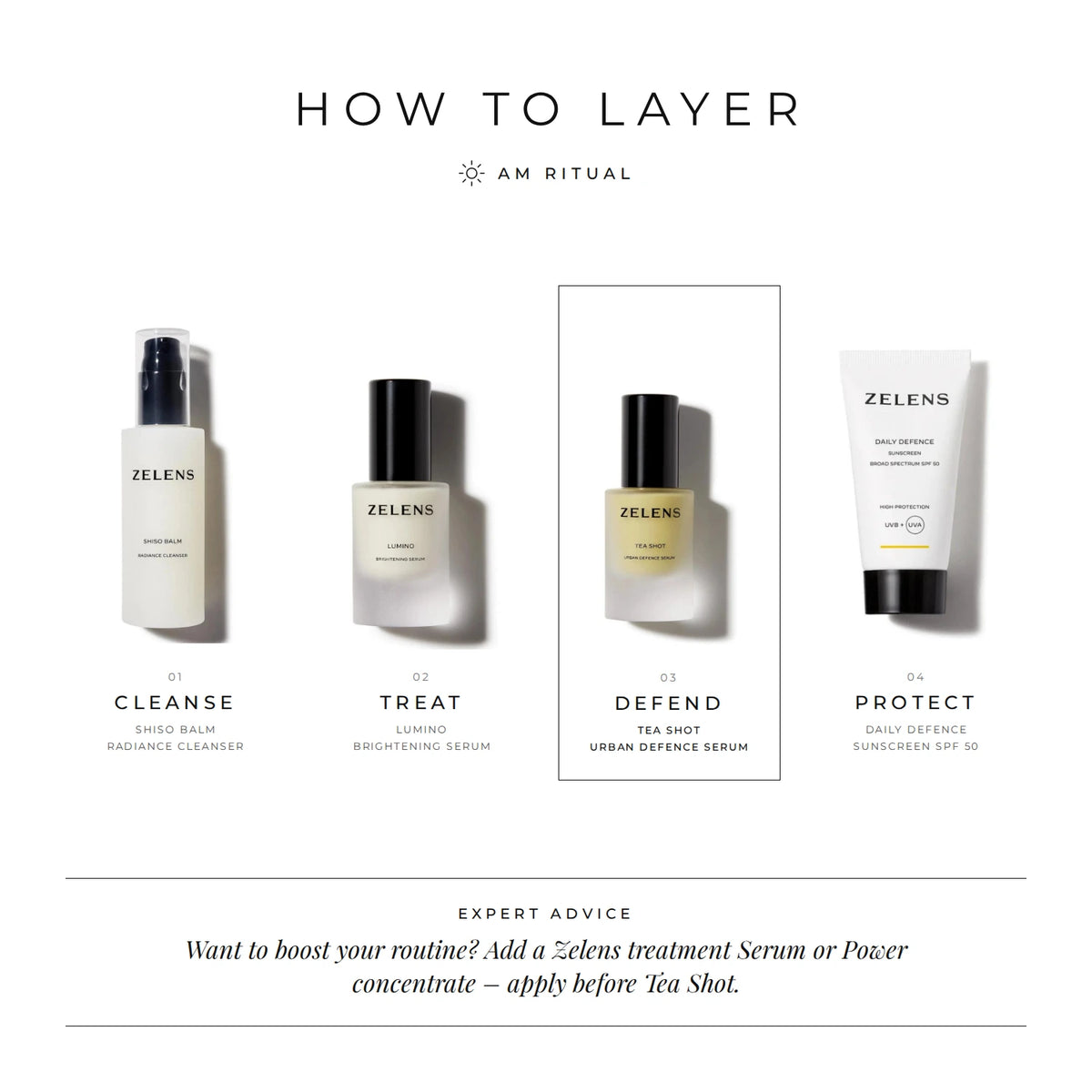 Zelens Tea Shot how to layer AM ritual: cleanse with Shiso Balm, treat with Lumino, defend with Tea Shot, protect with Daily Defence SPF 50
