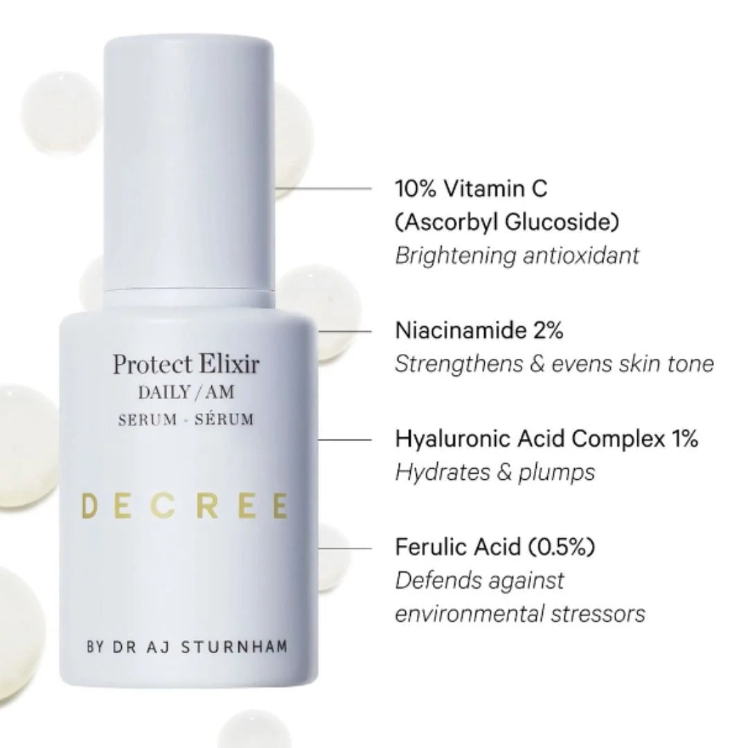Decree Protect Elixir Serum AM Vitamins C B and E 30ml – lightweight serum texture swatch on white background