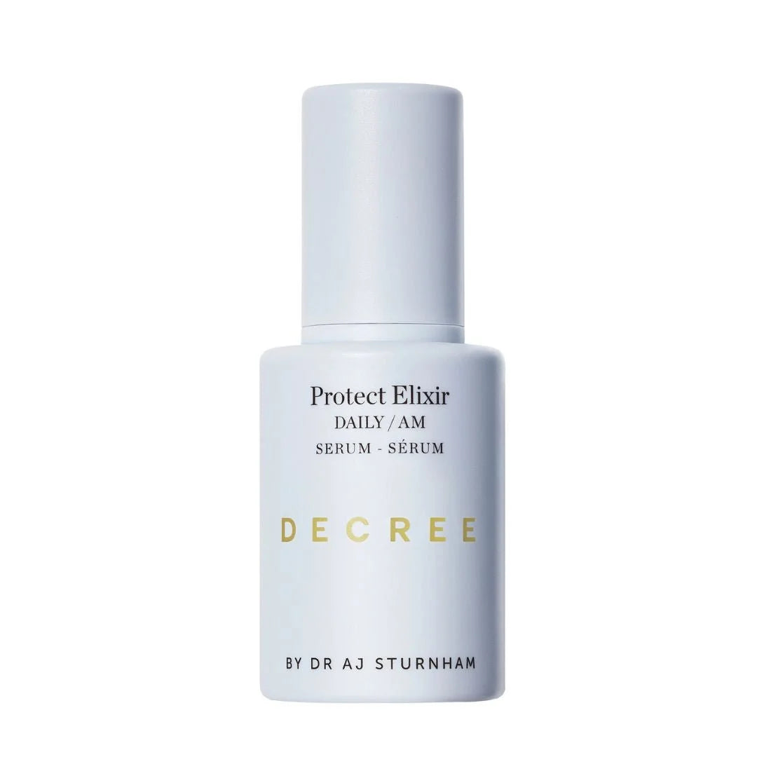 Decree Protect Elixir Serum AM Vitamins C B and E 30ml – key benefits infographic: defensive AM serum to combat free radical damage and protect against environmental aggressors