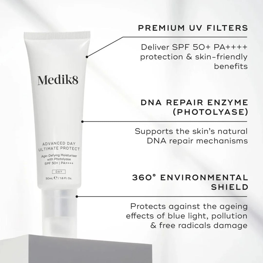 Medik8 Advanced day ultimate protect with features highlighted on a white background