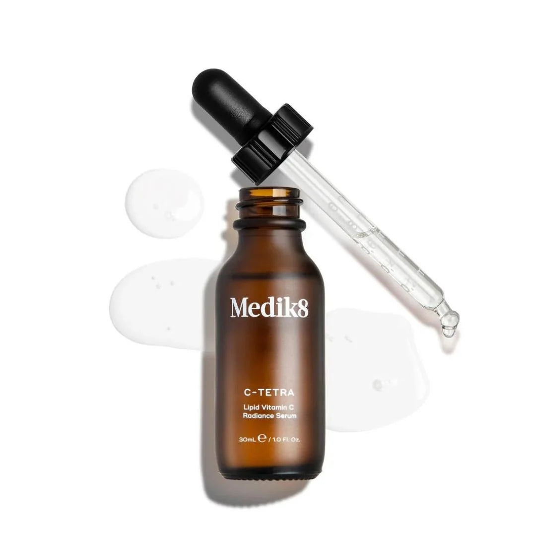 Medik8 C Tetra 7% Vitamin C Radiance Serum 30ml – key ingredient benefits infographic: stabilised vitamin C for antioxidant protection and radiance