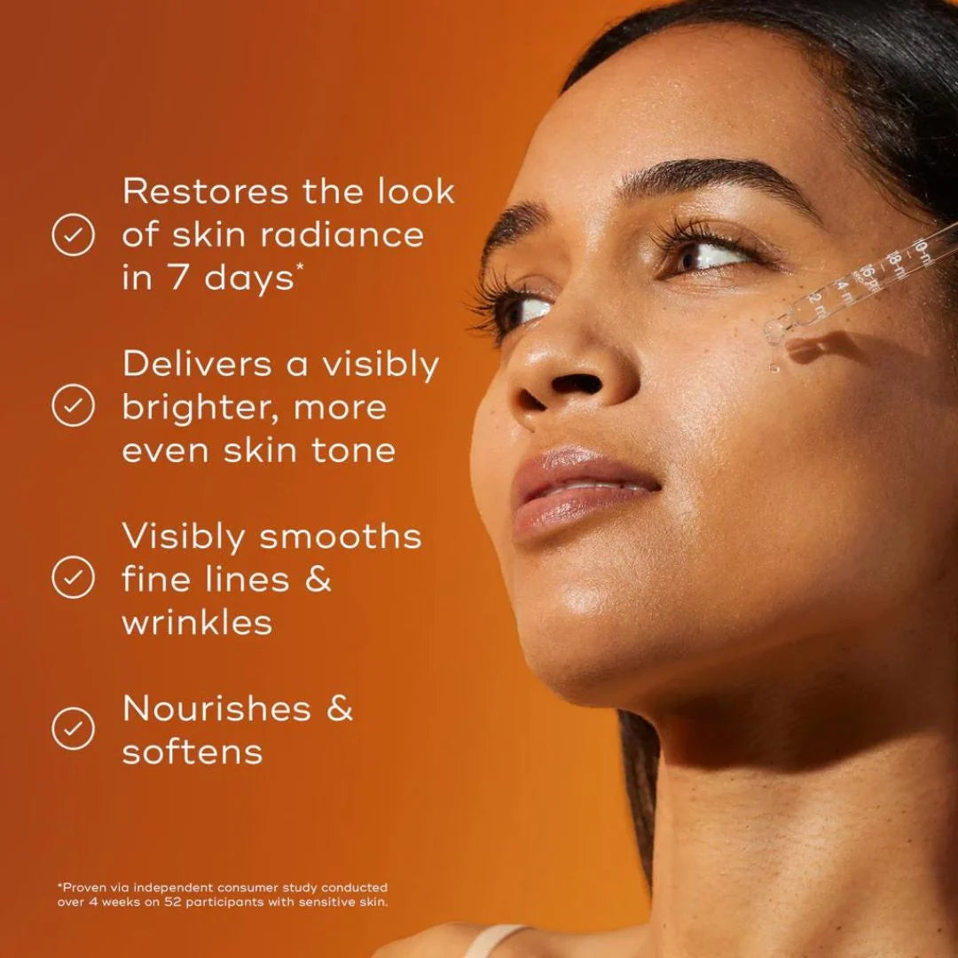 Medik8 C Tetra 7% Vitamin C Radiance Serum 30ml – skin results infographic: brighter, more even-toned complexion