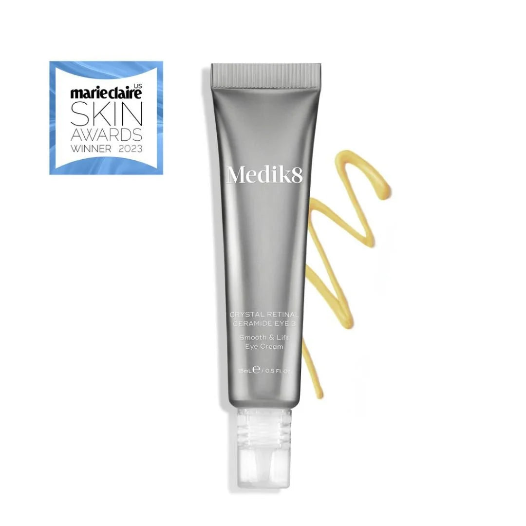 Medik8 Crystal Retinal Ceramide Eye 3 15ml – Marie Claire Skin Awards 2023 Winner product shot with cream texture swatch