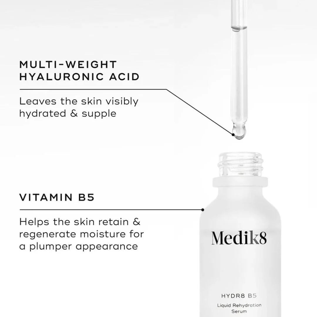 Medik8 Hydr8 B5 Serum 30ml – key ingredient benefits infographic: multi-weight hyaluronic acid for visible hydration and supple skin, vitamin B5 for moisture retention and plumper appearance