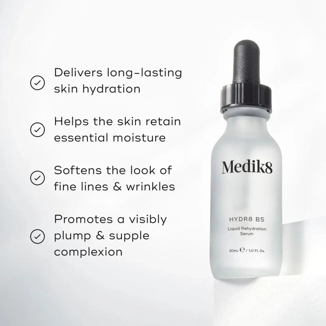 Medik8 Hydr8 B5 Serum 30ml – skin benefits infographic: long-lasting hydration, retains essential moisture, softens fine lines, visibly plump complexion