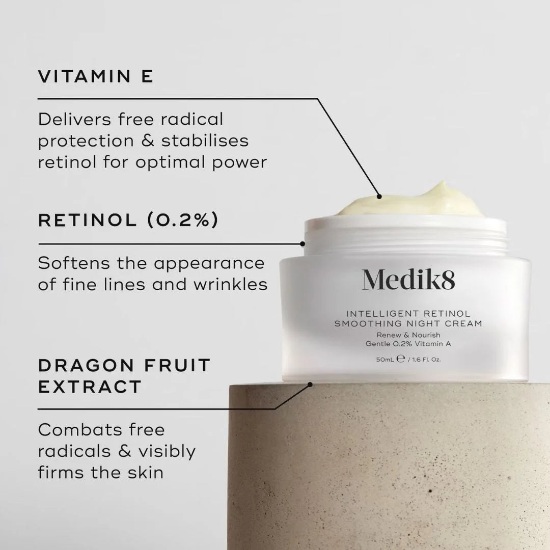 Medik8 Intelligent retinol smoothing night cream  detailing vitamin E, retinol, and dragon fruit extract benefits on a light background.