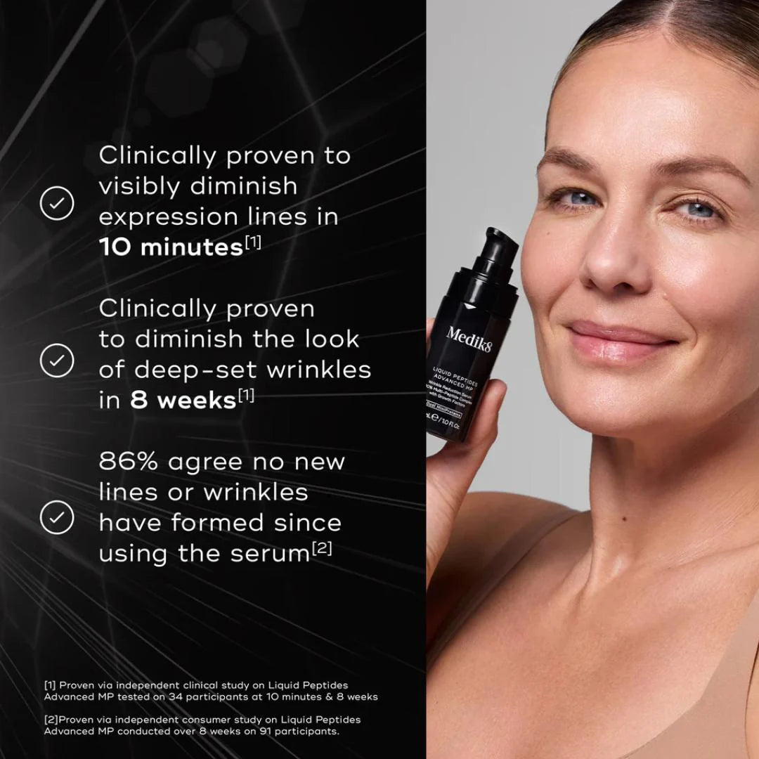 Medik8 Liquid Peptides Advanced MP 30ml – lightweight serum texture swatch on white background