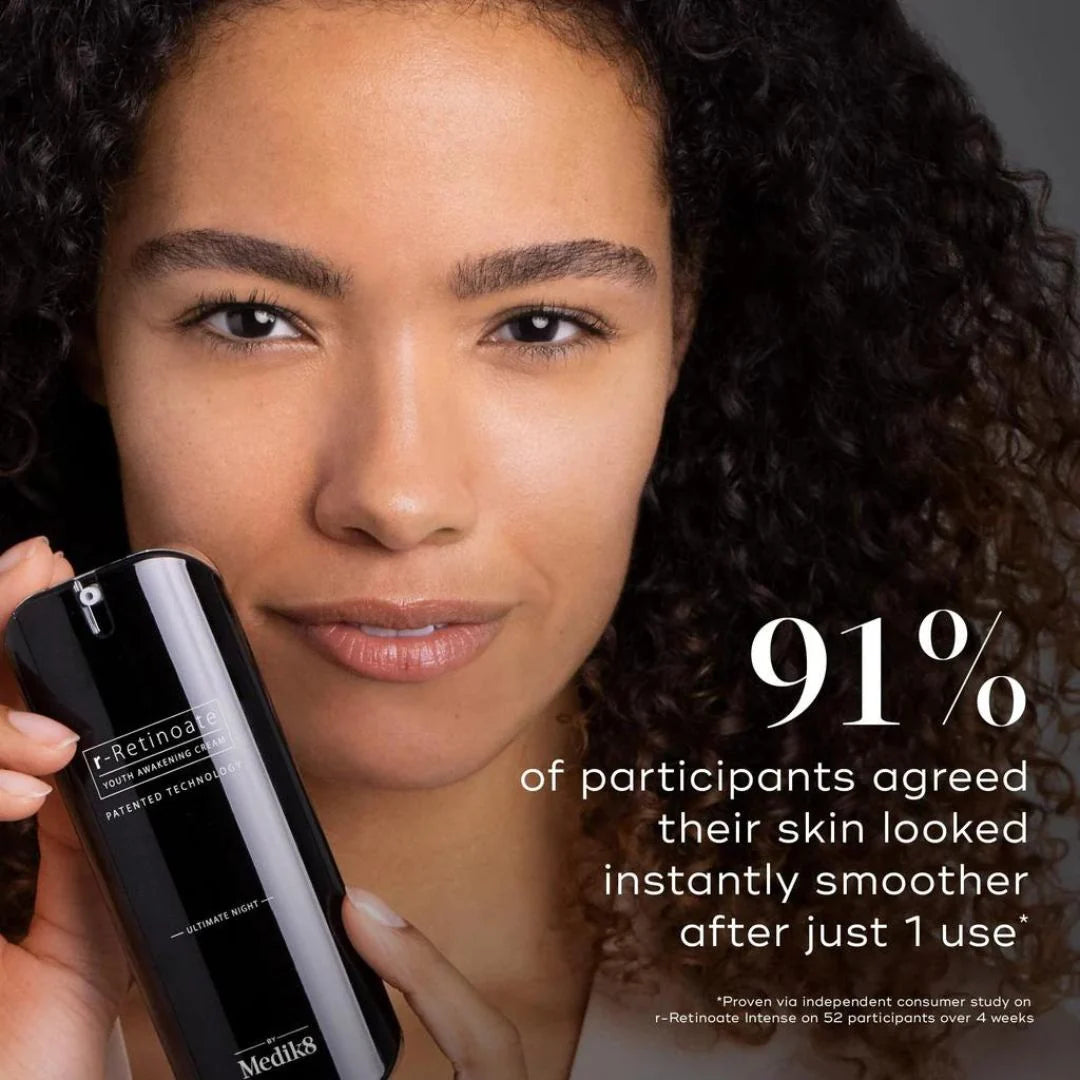 Medik8 r-Retinoate Youth Activating Cream Intense 50ml – before and after skin comparison showing wrinkle reduction