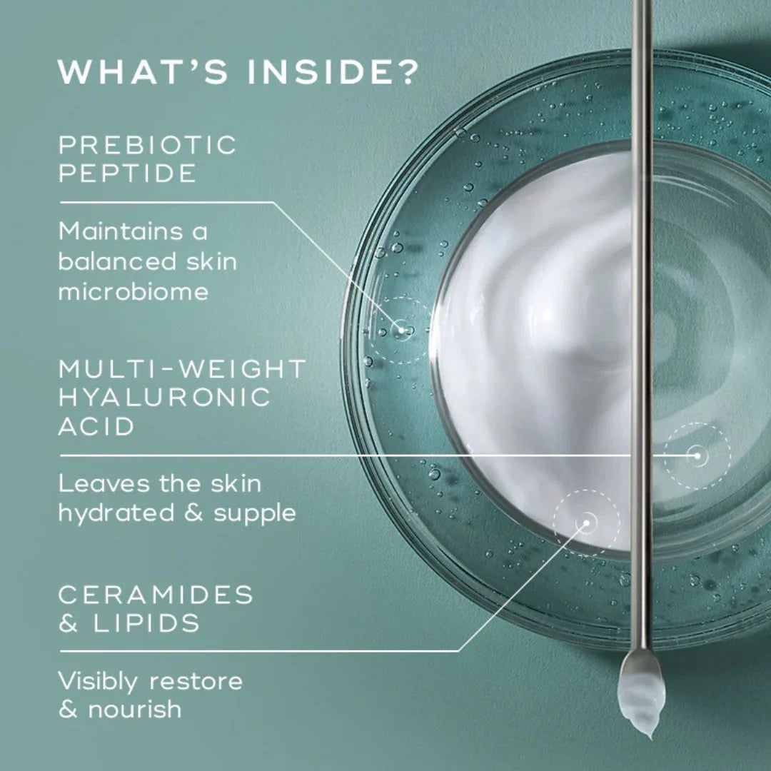 Medik8 Total Moisture Daily Facial Cream 50ml – What's Inside infographic: Prebiotic Peptide for balanced skin microbiome, multi-weight hyaluronic acid, ceramides and lipids