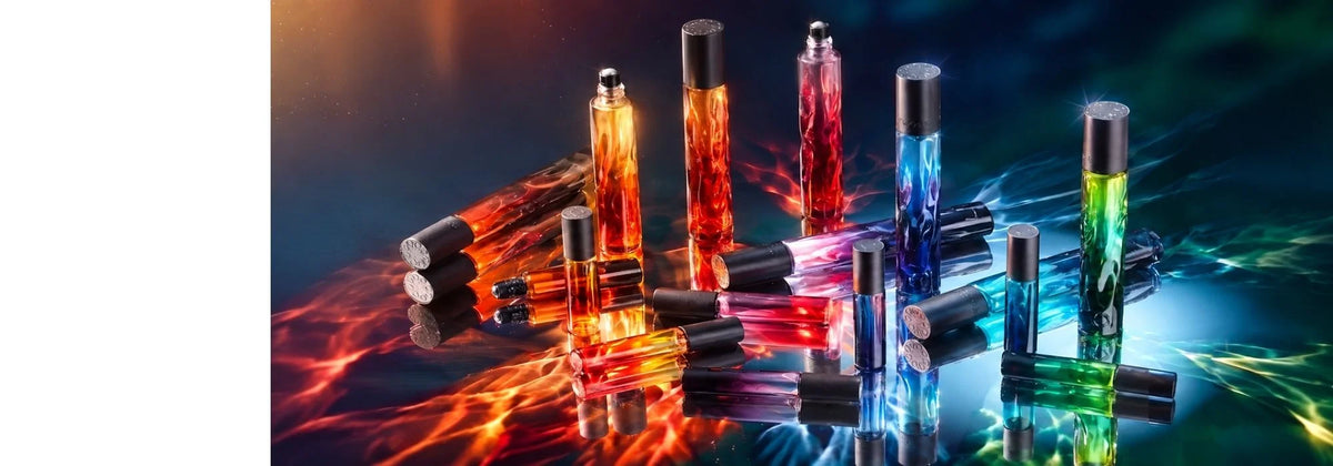 Moods perfume roller bottle collection in a rainbow of colors — amber, red, pink, blue, and green fragrance oils — arranged against a fiery and cosmic-toned background.