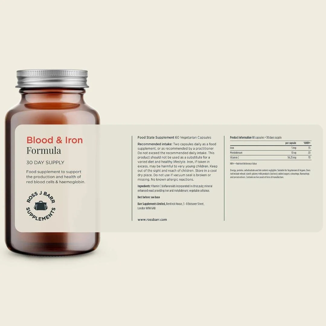 Ross J. Barr Blood and Iron Formula 60 capsules – key benefits infographic: supports healthy iron levels, energy and red blood cell production